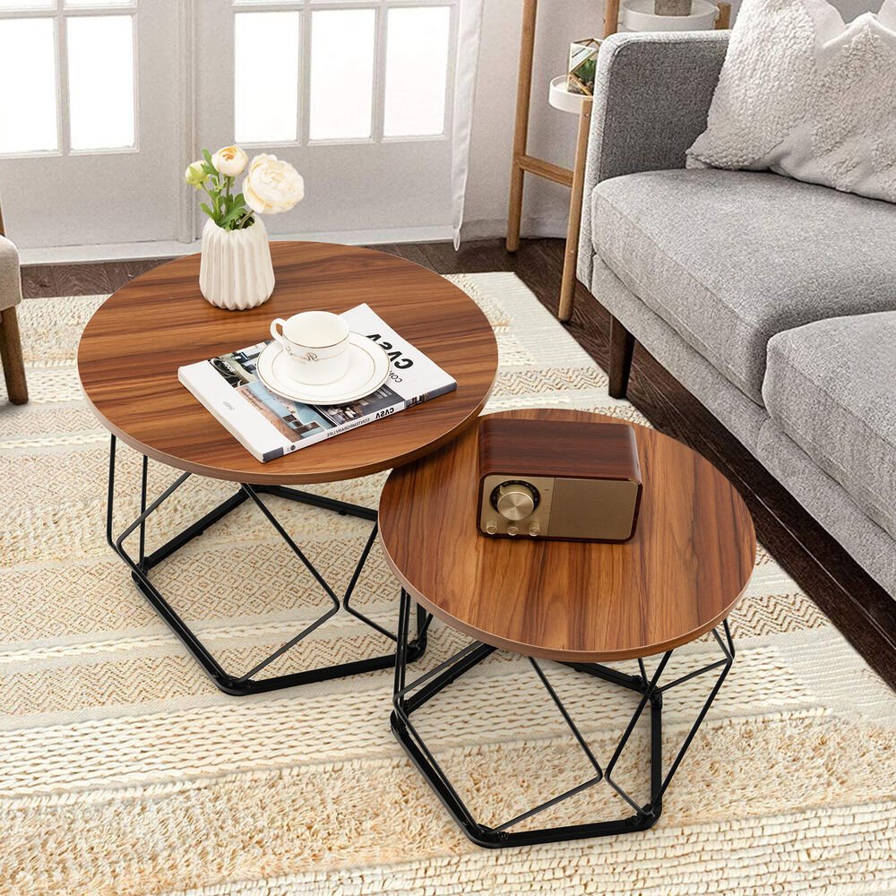 Ester - Round Wood Coffee Table Set of 2 Oval Coffee Table - Grella Boutique