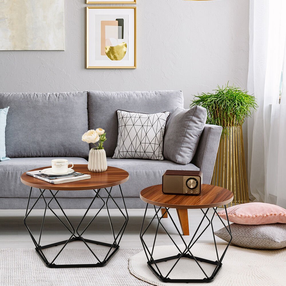 Ester - Round Wood Coffee Table Set of 2 Oval Coffee Table - Grella Boutique